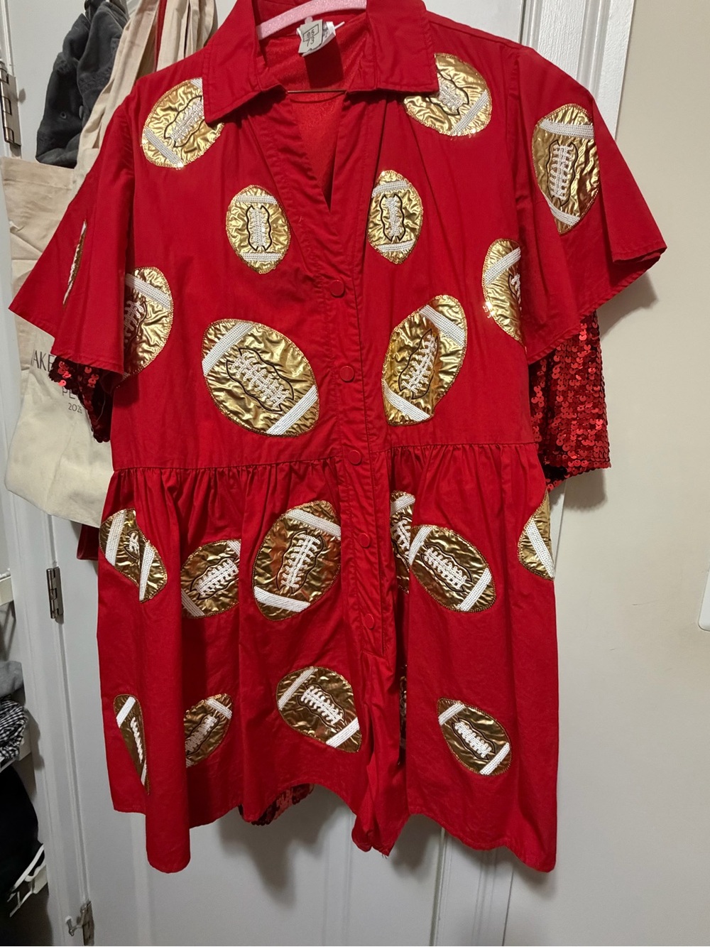 QUEEN OF SPARKLES Red Button-Front Football-Print Romper
